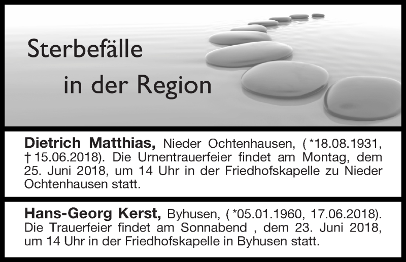 Traueranzeige von Sterbefälle in der Region Ausgabe 22.06.2018 von Osterholzer Kreisblatt