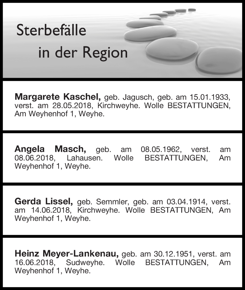 Traueranzeige von Sterbefälle in der Region Ausgabe 23.06.2018 von Regionale Rundschau/Syker Kurier