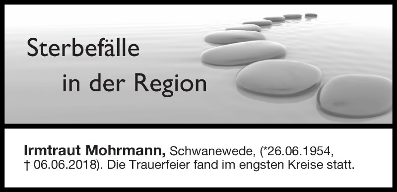 Traueranzeige von Sterbefälle in der Region Ausgabe 23.06.2018 von Osterholzer Kreisblatt