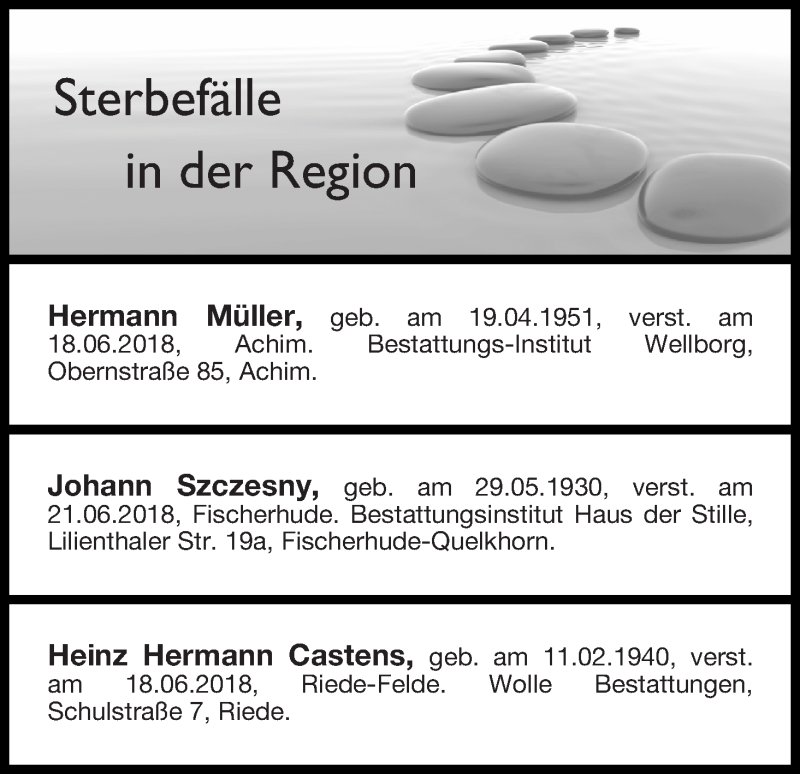 Traueranzeige von Sterbefälle in der Region Ausgabe 23.06.2018 von Achimer Kurier/Verdener Nachrichten