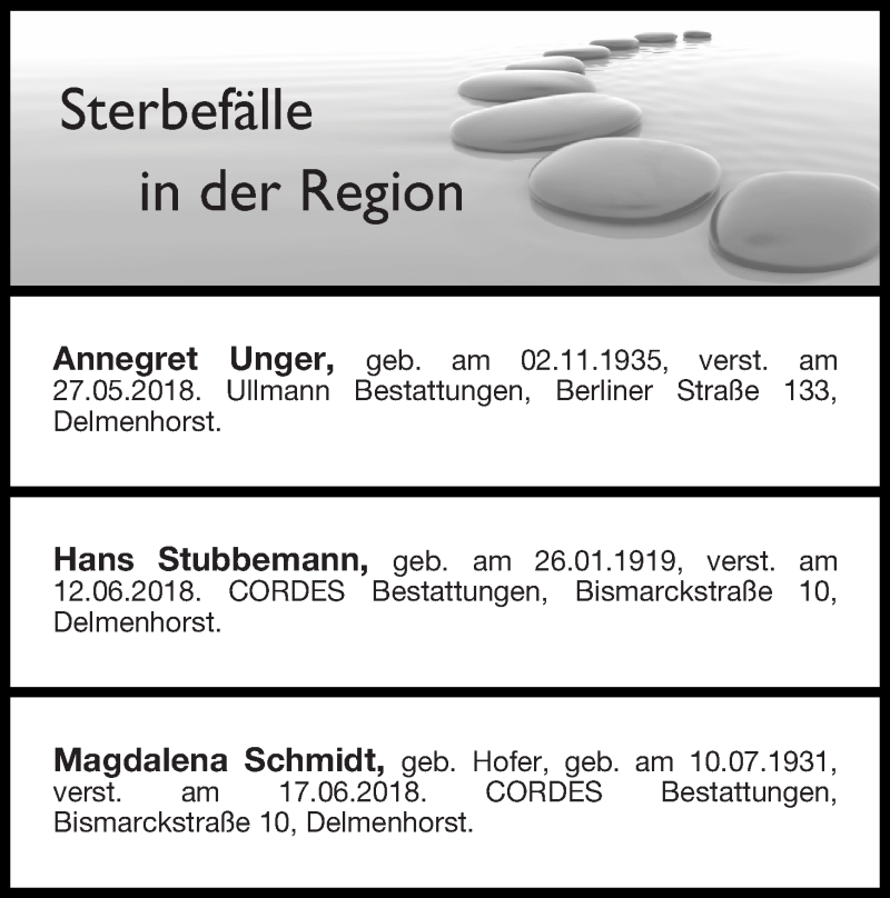 Traueranzeige von Sterbefälle in der Region Ausgabe 23.06.2018 von Delmenhorster Kurier