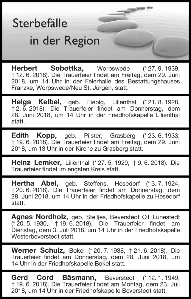 Traueranzeige von Sterbefälle in der Region Ausgabe 25.06.2018 von Osterholzer Kreisblatt