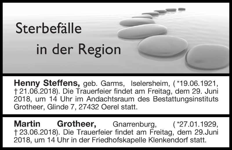 Traueranzeige von Sterbefälle in der Region Ausgabe 26.06.2018 von Osterholzer Kreisblatt