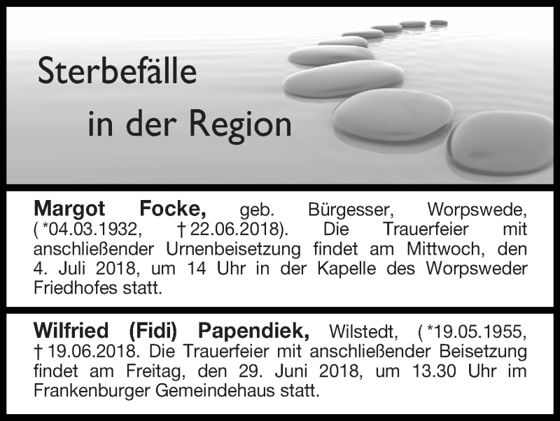 Traueranzeige von Sterbefälle in der Region Ausgabe 28.06.2018 von Osterholzer Kreisblatt