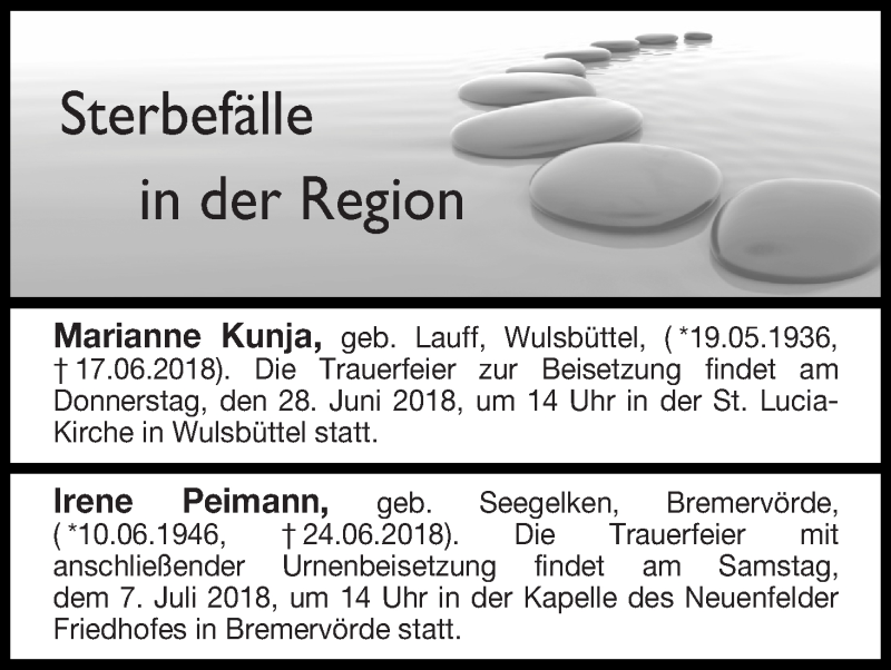 Traueranzeige von Sterbefälle in der Region Ausgabe 29.06.2018 von Osterholzer Kreisblatt