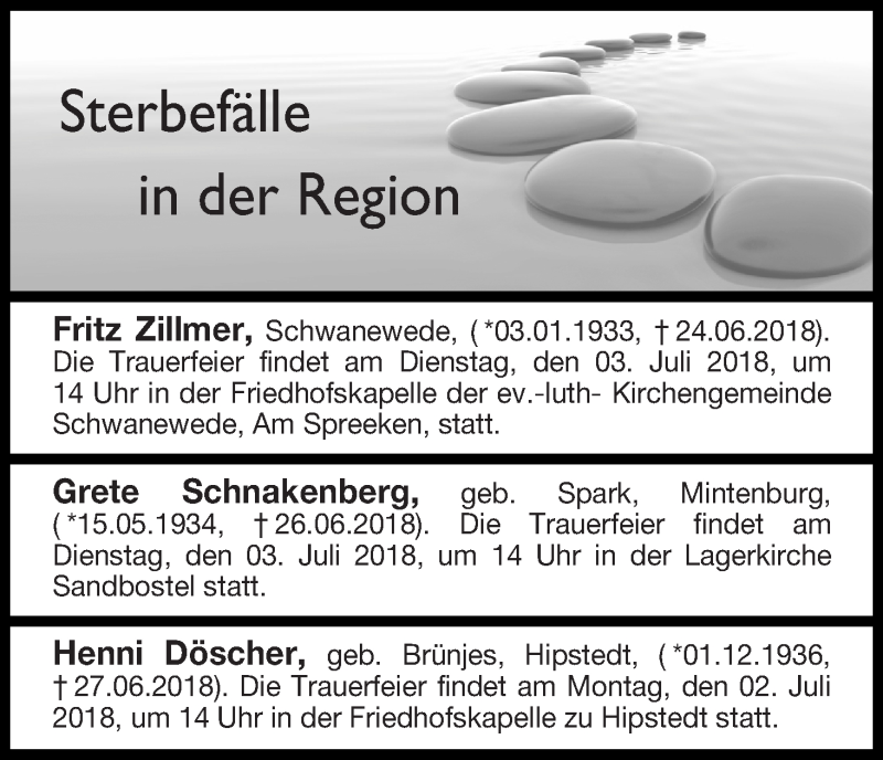 Traueranzeige von Sterbefälle in der Region Ausgabe 30.06.2018 von Osterholzer Kreisblatt