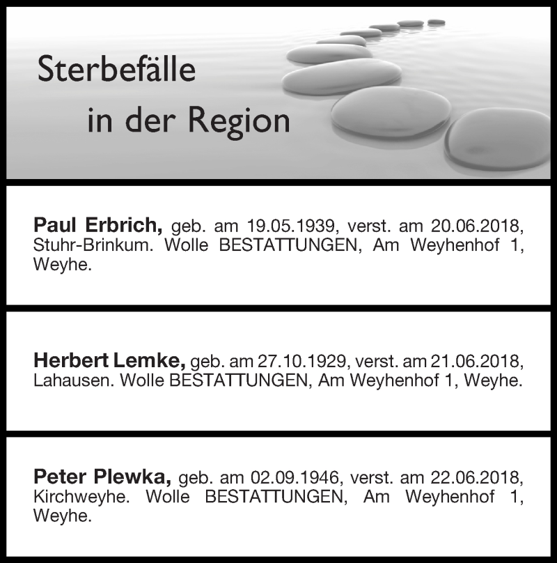 Traueranzeige von Sterbefälle in der Region Ausgabe 30.06.2018 von Regionale Rundschau/Syker Kurier