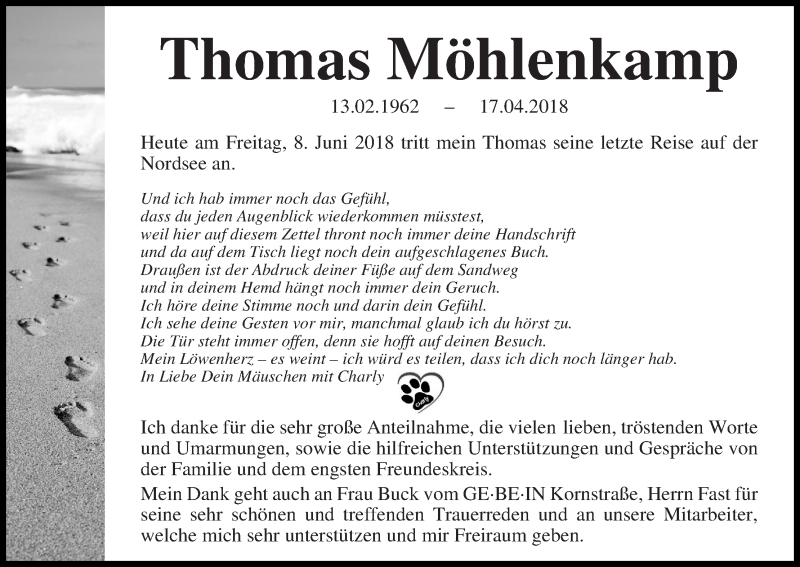  Traueranzeige für Thomas Möhlenkamp vom 08.06.2018 aus WESER-KURIER