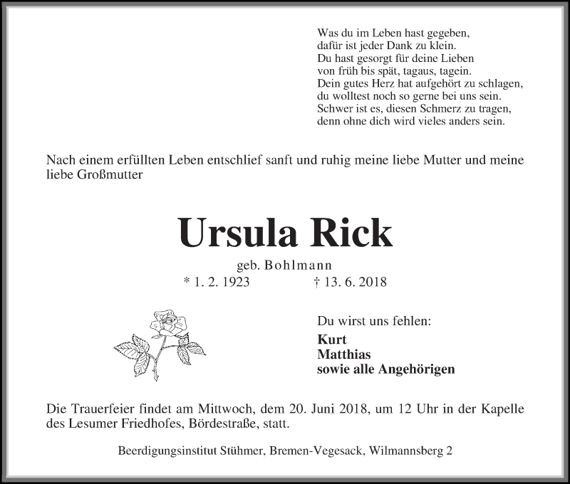  Traueranzeige für Ursula Rick vom 16.06.2018 aus Die Norddeutsche