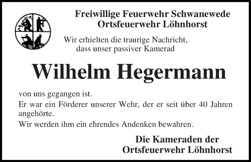 Traueranzeige von Wilhelm Hegermann von Die Norddeutsche