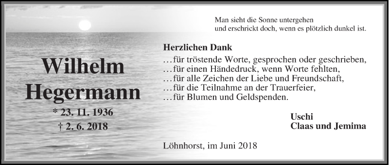 Traueranzeige von Wilhelm Hegermann von Die Norddeutsche