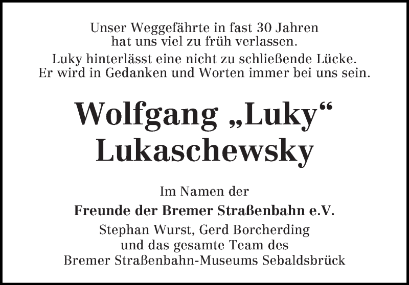 Traueranzeige von Wolfgang Lukaschewsky von WESER-KURIER