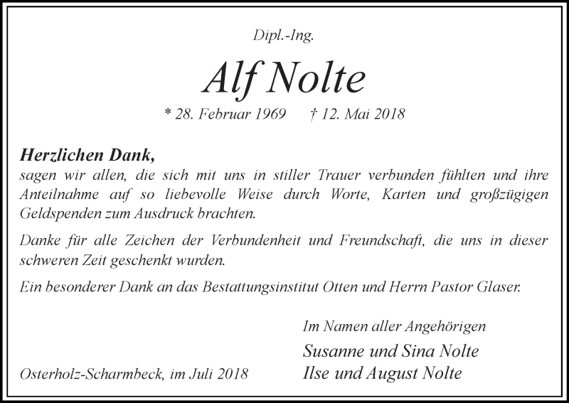  Traueranzeige für Alf Nolte vom 07.07.2018 aus Osterholzer Kreisblatt