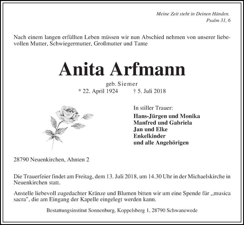 Traueranzeige von Anita Arfmann von Die Norddeutsche