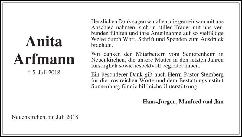 Traueranzeige von Anita Arfmann von Die Norddeutsche