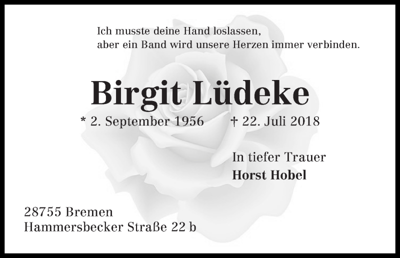  Traueranzeige für Birgit Lüdeke vom 25.07.2018 aus Wuemme Zeitung