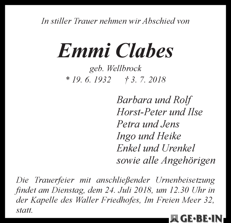  Traueranzeige für Emmi Clabes vom 14.07.2018 aus WESER-KURIER
