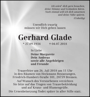Traueranzeige von Gerhard Glade