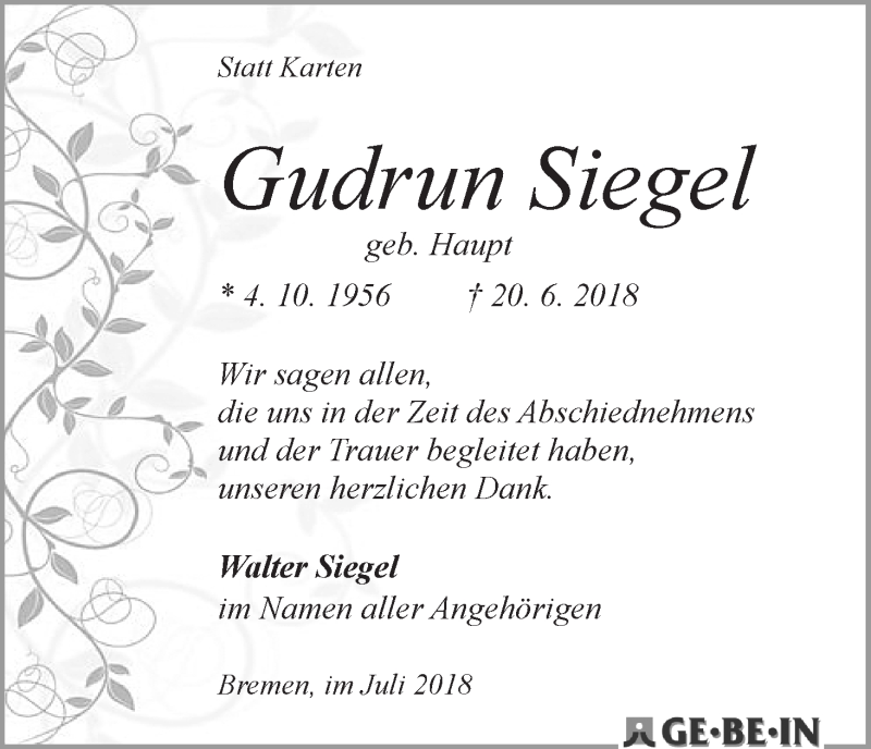 Traueranzeige von Gudrun Siegel von WESER-KURIER