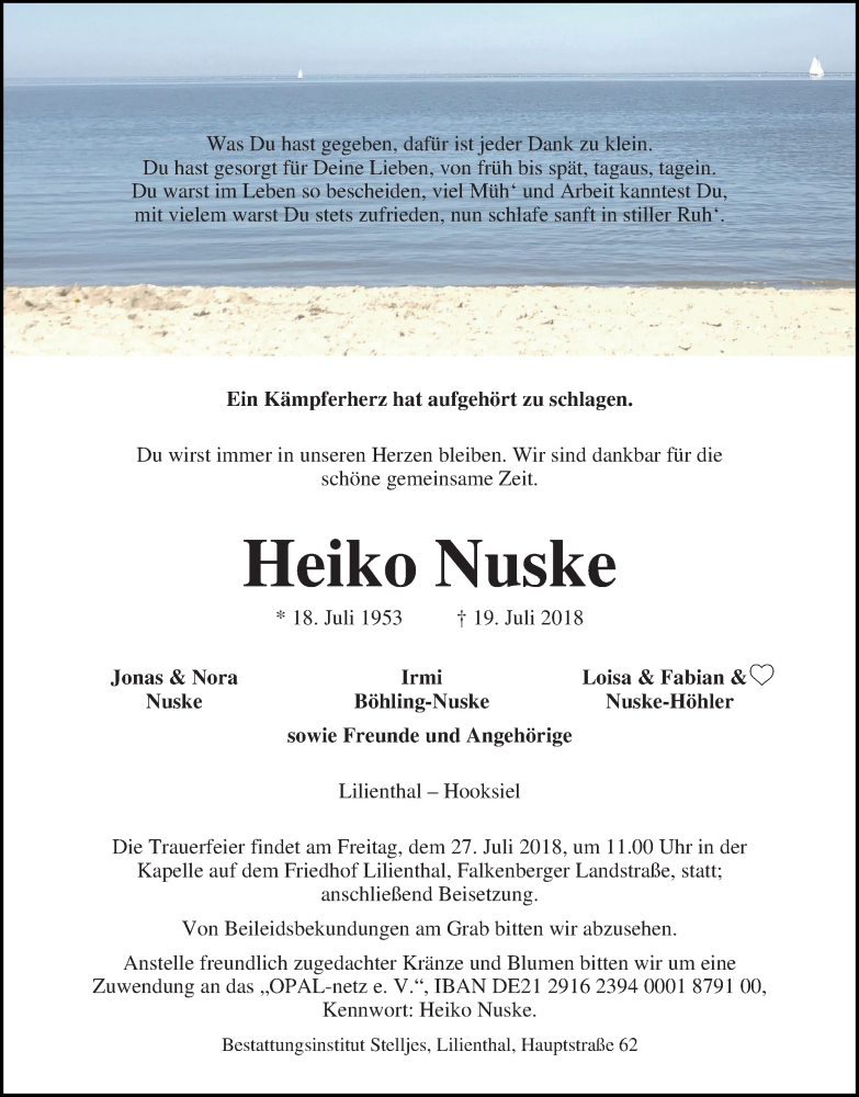  Traueranzeige für Heiko Nuske vom 21.07.2018 aus Wuemme Zeitung