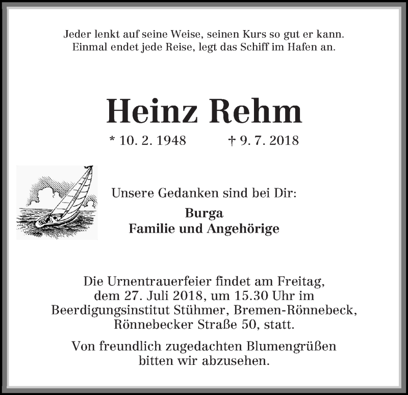  Traueranzeige für Heinz Rehm vom 21.07.2018 aus Die Norddeutsche