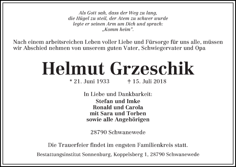  Traueranzeige für Helmut Grzeschik vom 19.07.2018 aus Die Norddeutsche