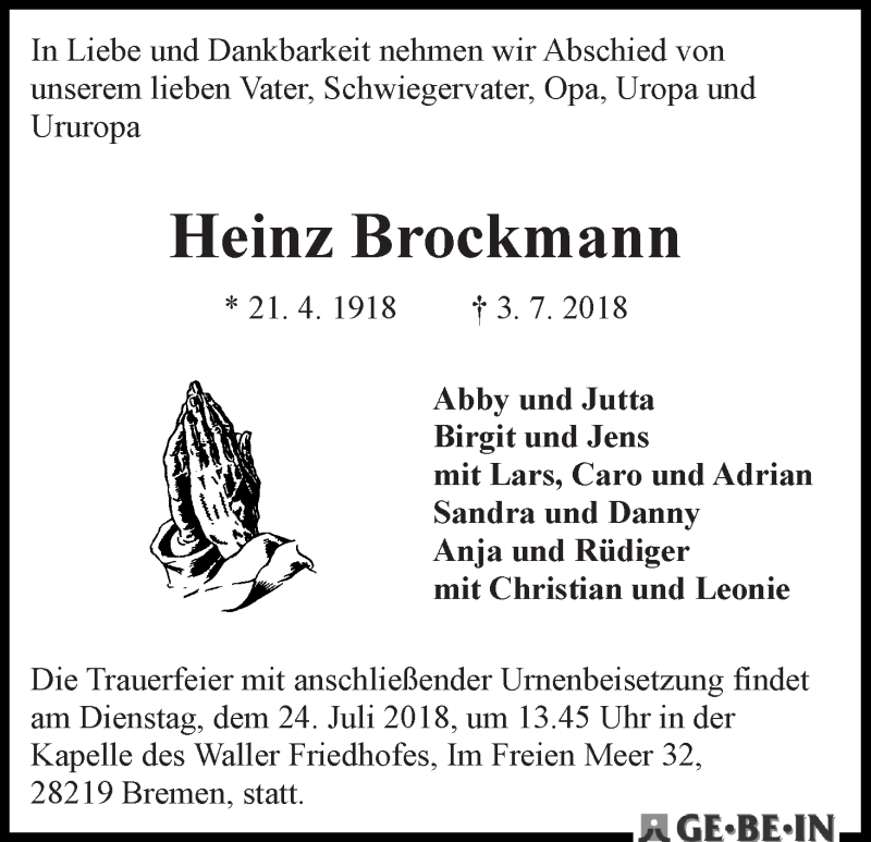  Traueranzeige für Heinz Brockmann vom 07.07.2018 aus WESER-KURIER