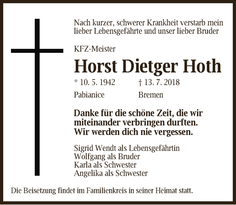  Traueranzeige für Horst Dietger Hoth vom 21.07.2018 aus WESER-KURIER