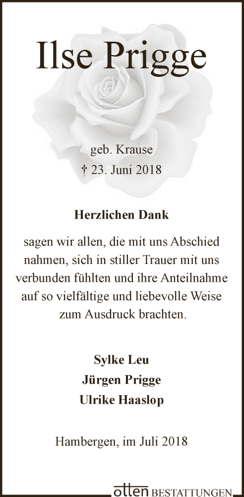 Traueranzeige für Ilse Prigge vom 28.07.2018 aus Osterholzer Kreisblatt