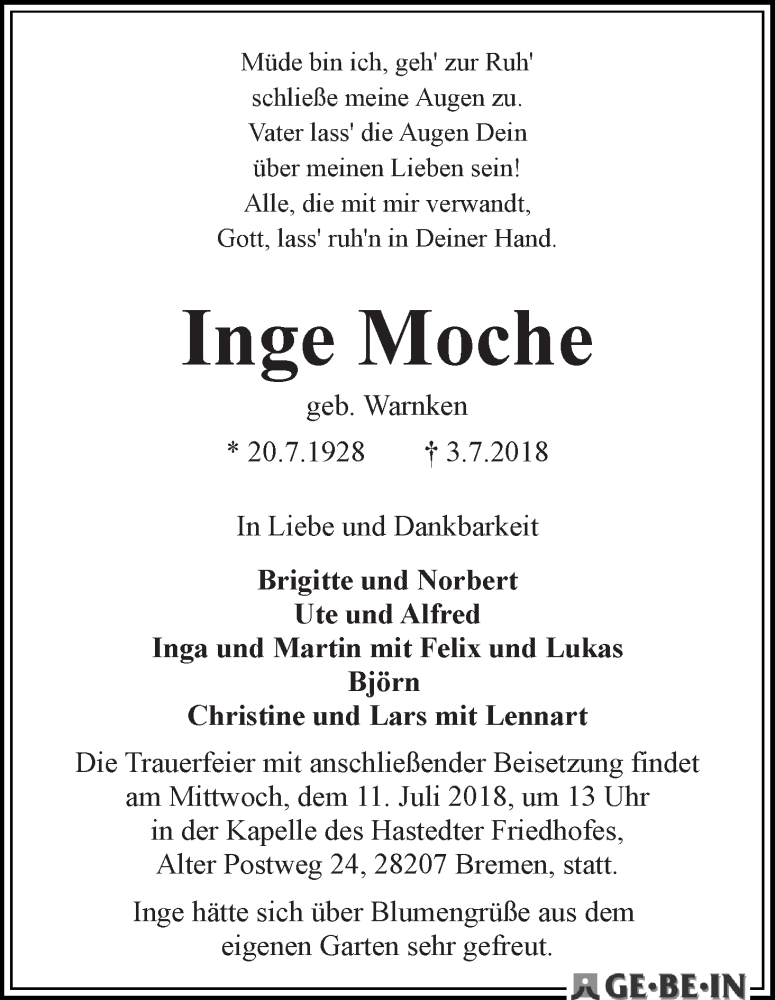  Traueranzeige für Inge Moche vom 07.07.2018 aus WESER-KURIER