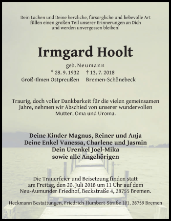 Traueranzeige von Irmgard Hoolt