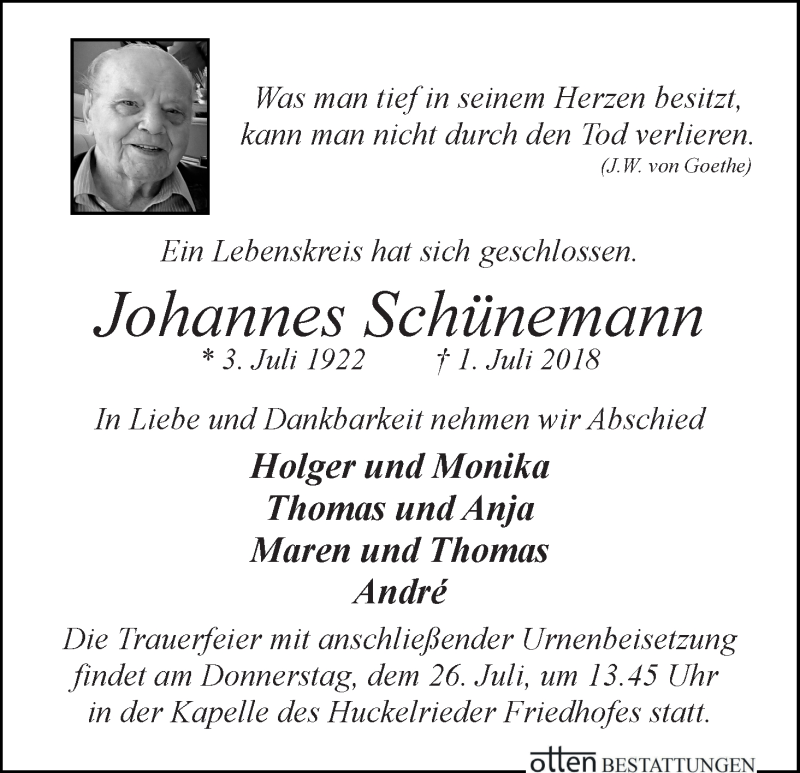 Traueranzeige von Johannes Schünemann von WESER-KURIER