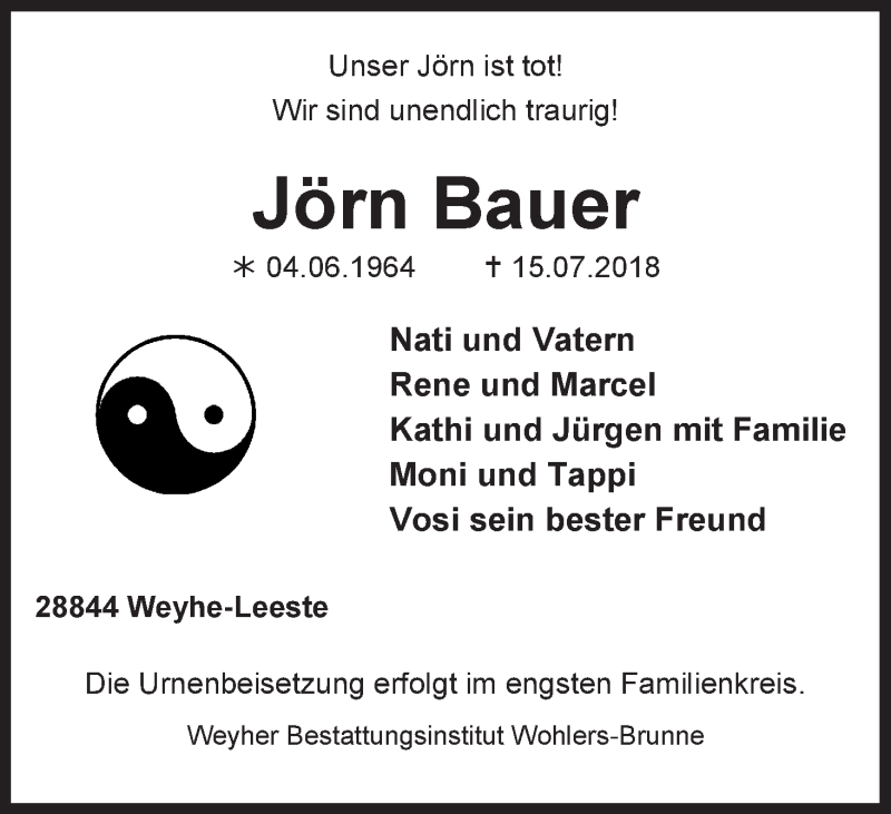  Traueranzeige für Jörn Bauer vom 21.07.2018 aus Regionale Rundschau/Syker Kurier