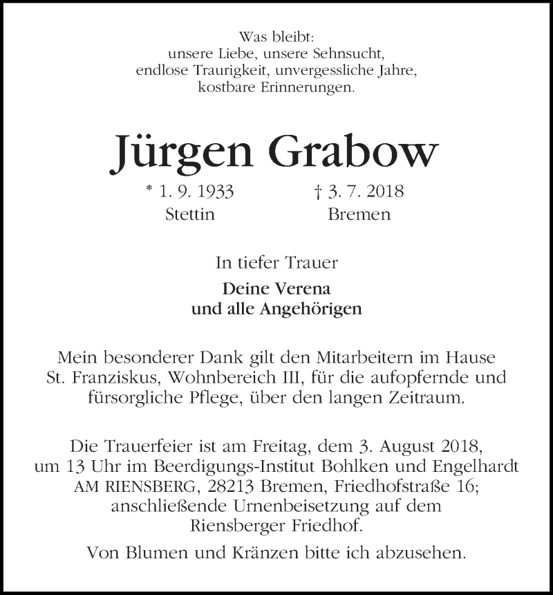  Traueranzeige für Jürgen Grabow vom 25.07.2018 aus WESER-KURIER