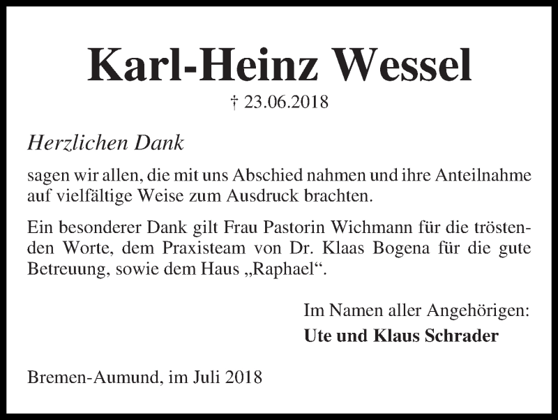  Traueranzeige für Karl-Heinz Wessel vom 28.07.2018 aus Die Norddeutsche