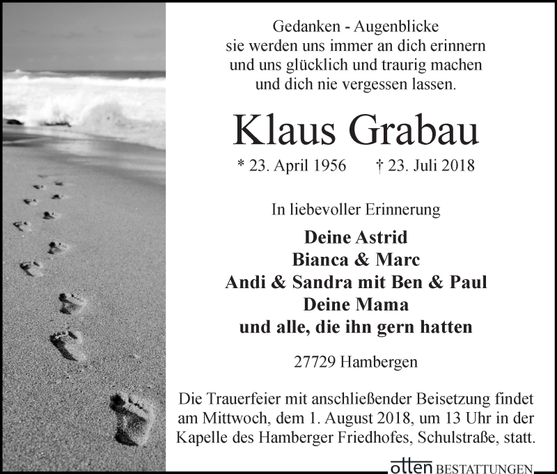  Traueranzeige für Klaus Grabau vom 28.07.2018 aus Osterholzer Kreisblatt