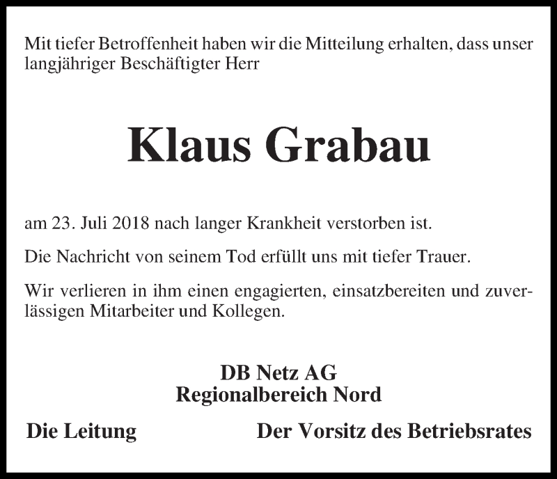  Traueranzeige für Klaus Grabau vom 31.07.2018 aus Osterholzer Kreisblatt