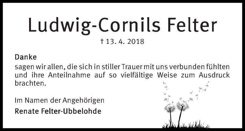  Traueranzeige für Ludwig-Cornils Felter vom 07.07.2018 aus WESER-KURIER