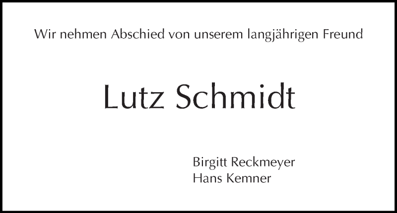 Traueranzeige von Lutz Schmidt von WESER-KURIER