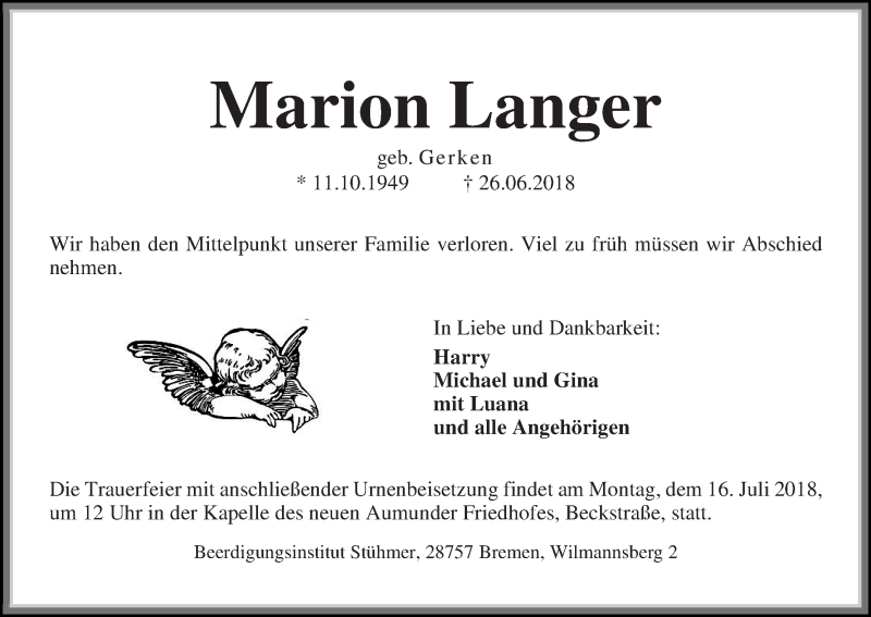  Traueranzeige für Marion Langer vom 04.07.2018 aus Die Norddeutsche