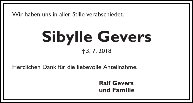  Traueranzeige für Sibylle Gevers vom 28.07.2018 aus WESER-KURIER