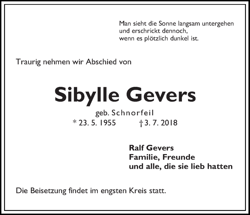  Traueranzeige für Sibylle Gevers vom 07.07.2018 aus WESER-KURIER
