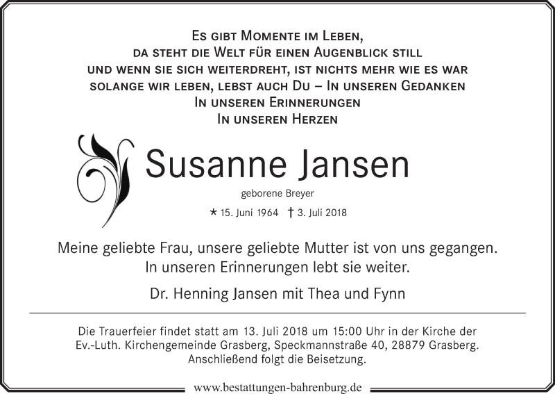 Traueranzeige für Susanne Jansen vom 09.07.2018 aus WESER-KURIER
