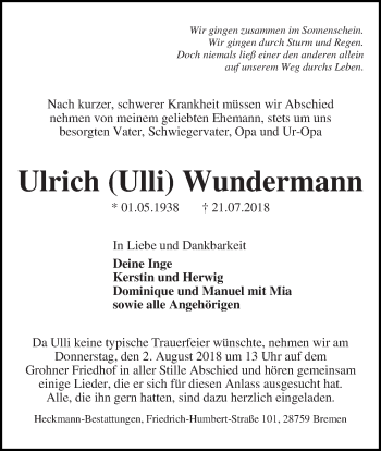 Traueranzeige von Ulrich (Ulli) Wundermann
