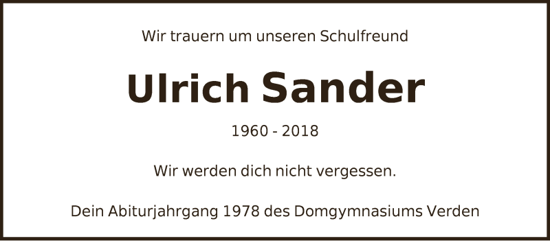  Traueranzeige für Ulrich Sander vom 21.07.2018 aus WESER-KURIER