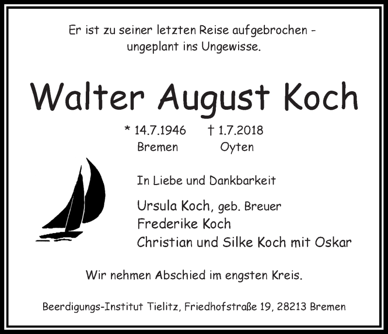 Traueranzeige von Walter August Koch von WESER-KURIER