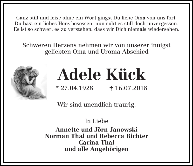  Traueranzeige für Adele Kück vom 08.08.2018 aus Die Norddeutsche