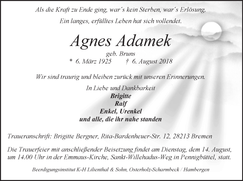 Traueranzeige für Agnes Adamek vom 09.08.2018 aus Osterholzer Kreisblatt