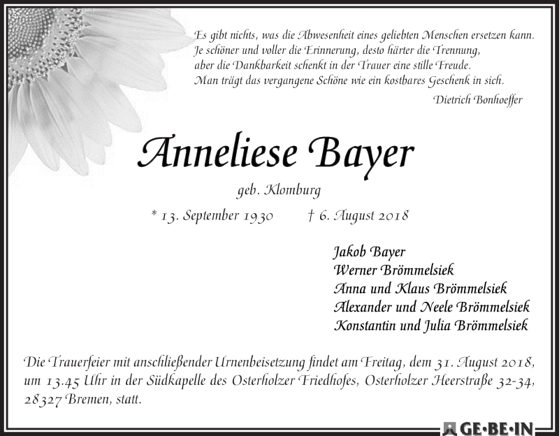  Traueranzeige für Anneliese Bayer vom 18.08.2018 aus WESER-KURIER