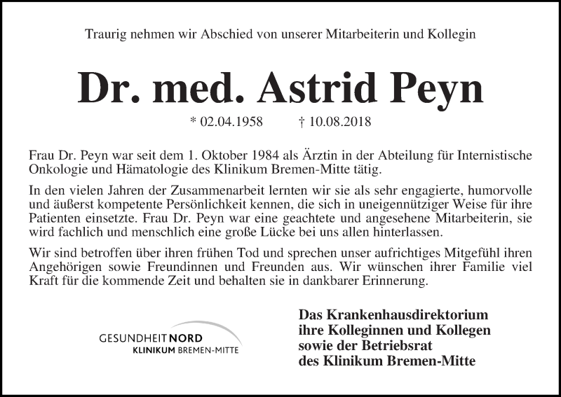 Traueranzeige von Dr. med. Astrid Peyn von WESER-KURIER